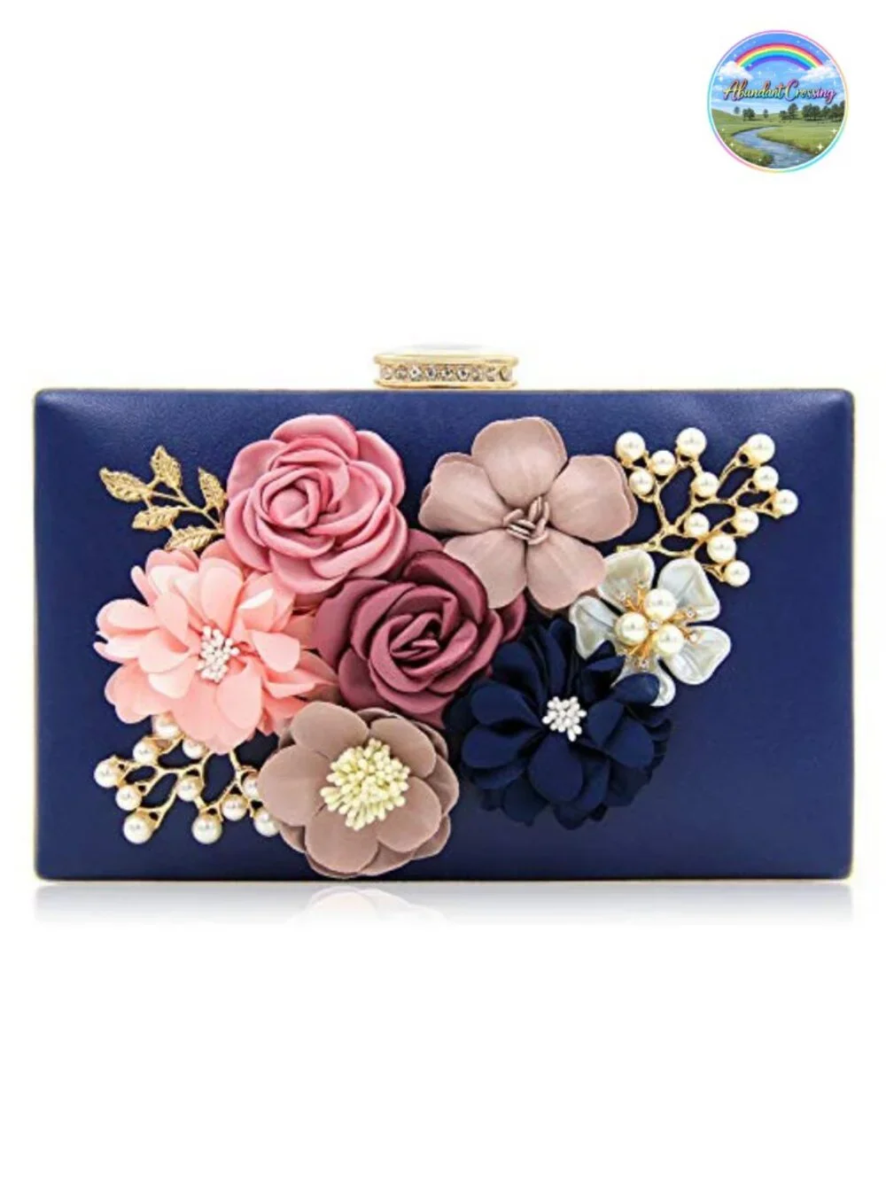 Faux Leather Floral Clutch Wedding Evening Bag with Pearls Crystals Wristlet